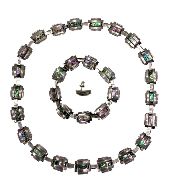 Taxco Modernist Sterling Silver Necklace & Bracelet Set Vintage Signed - Picture 10 of 10